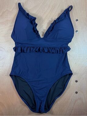 J. Crew Navy Ruffle One-Piece Swimsuit